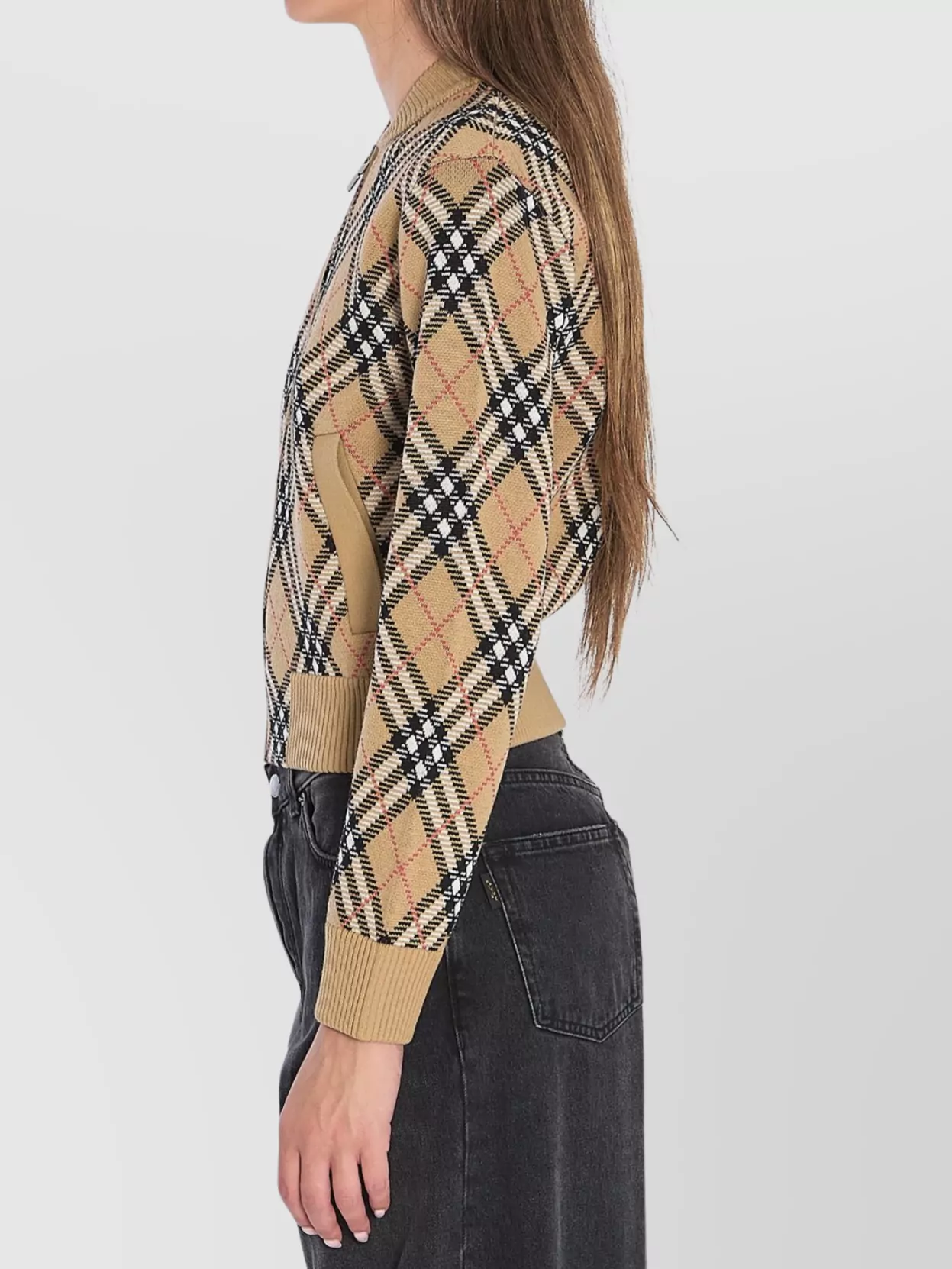 Burberry Cropped Check Knit Sweater With Ribbed Details In Black