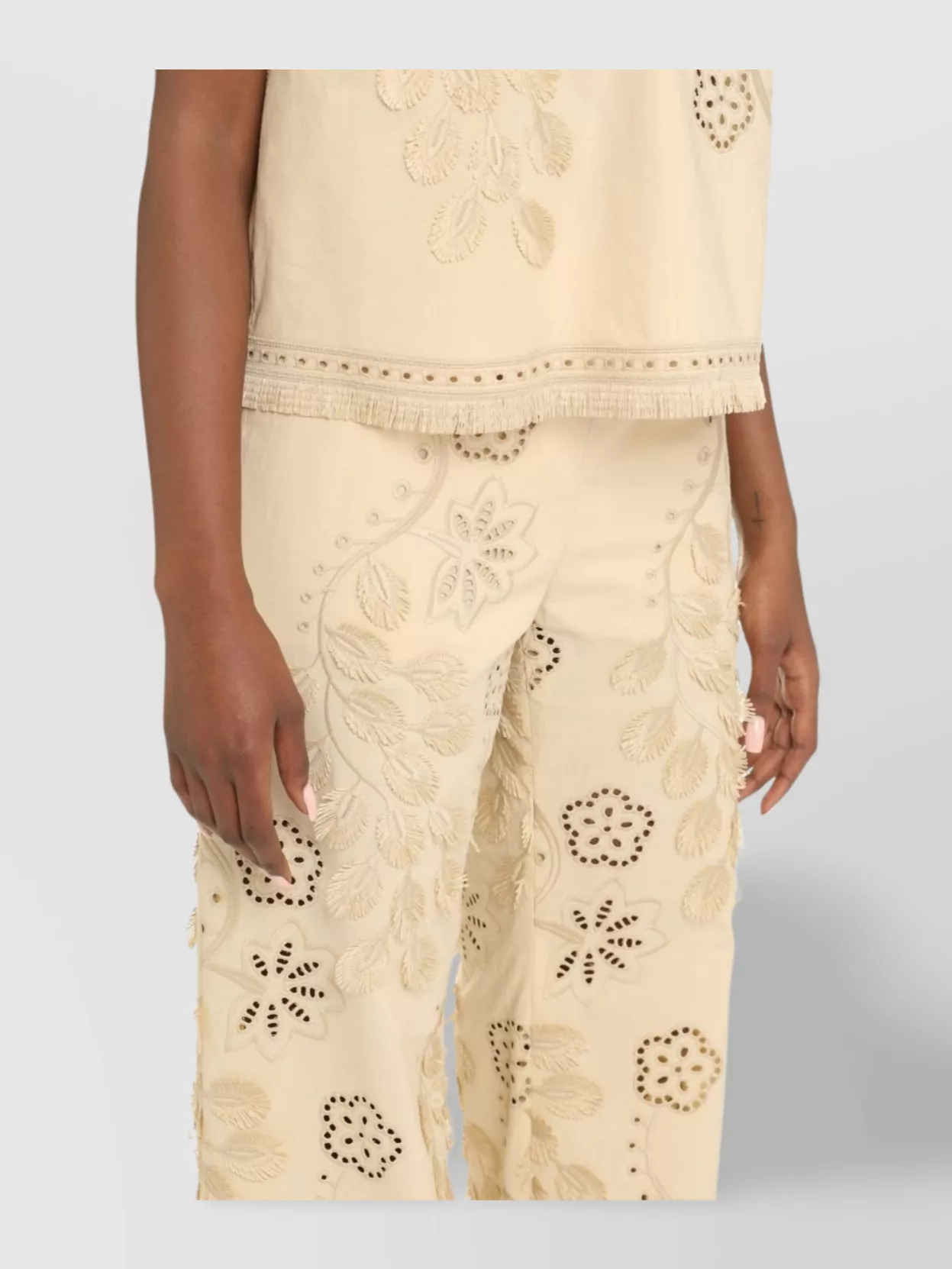 Alberta Ferretti Cotton Trousers Embroidered Frayed Hem In Neutral