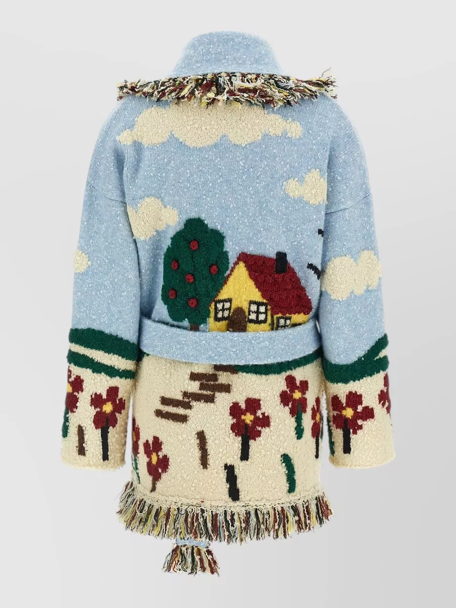 Alanui Wool Jacquard Belted Fringed Cardigan