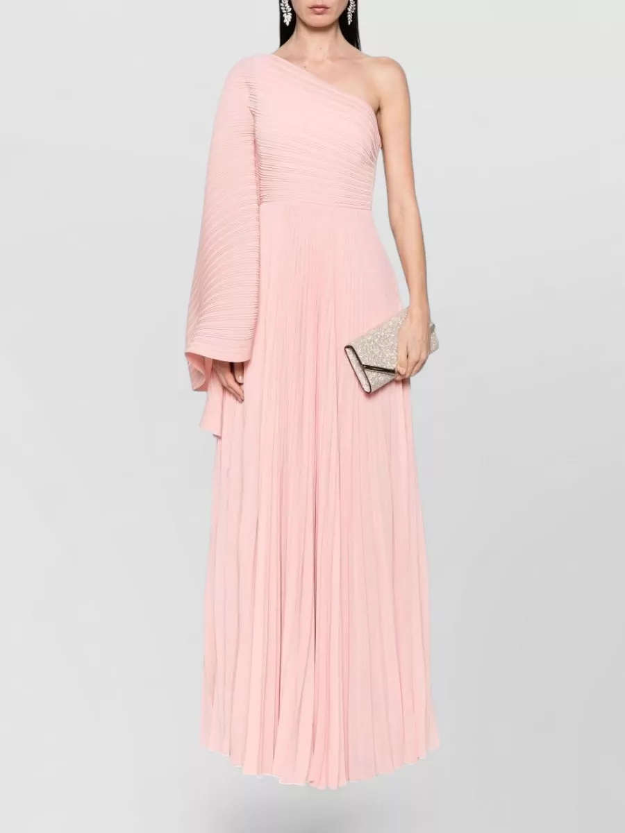 Solace London Plissé One-Shoulder Asymmetric-Sleeve Maxi Dress