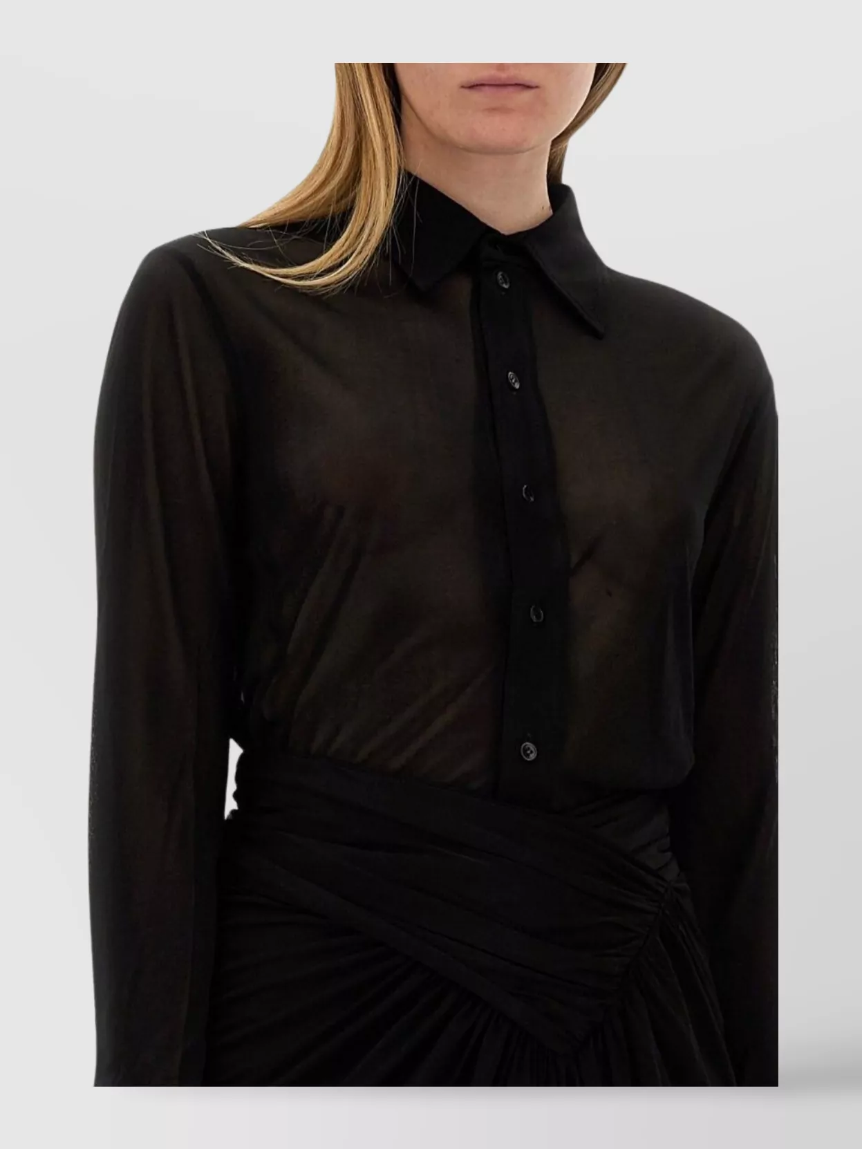 Saint Laurent Long Sleeve Sheer Collared Jersey Top In Multi