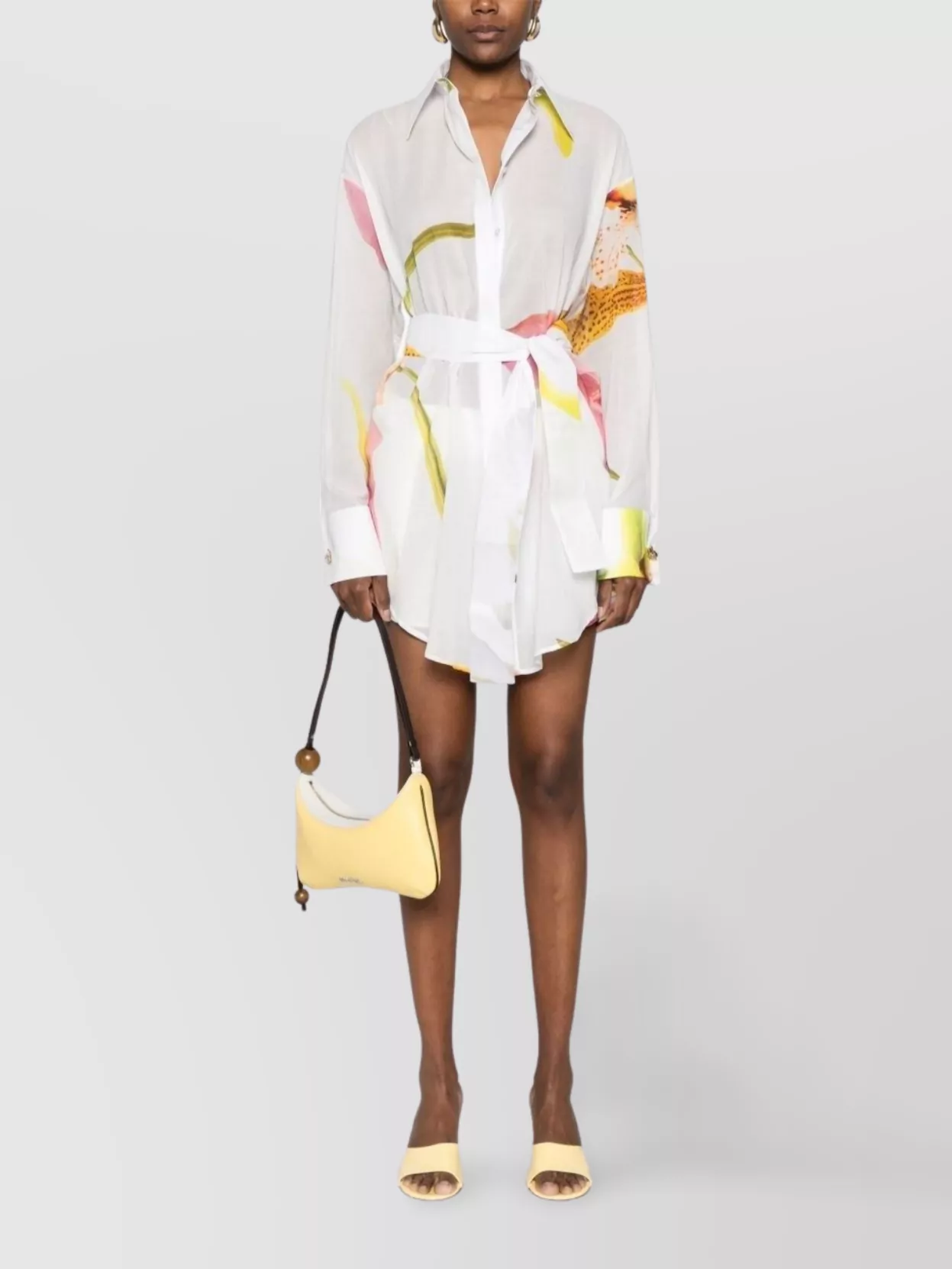 Genny Floral Print Sheer Cotton Shirt With Belted Waist In White
