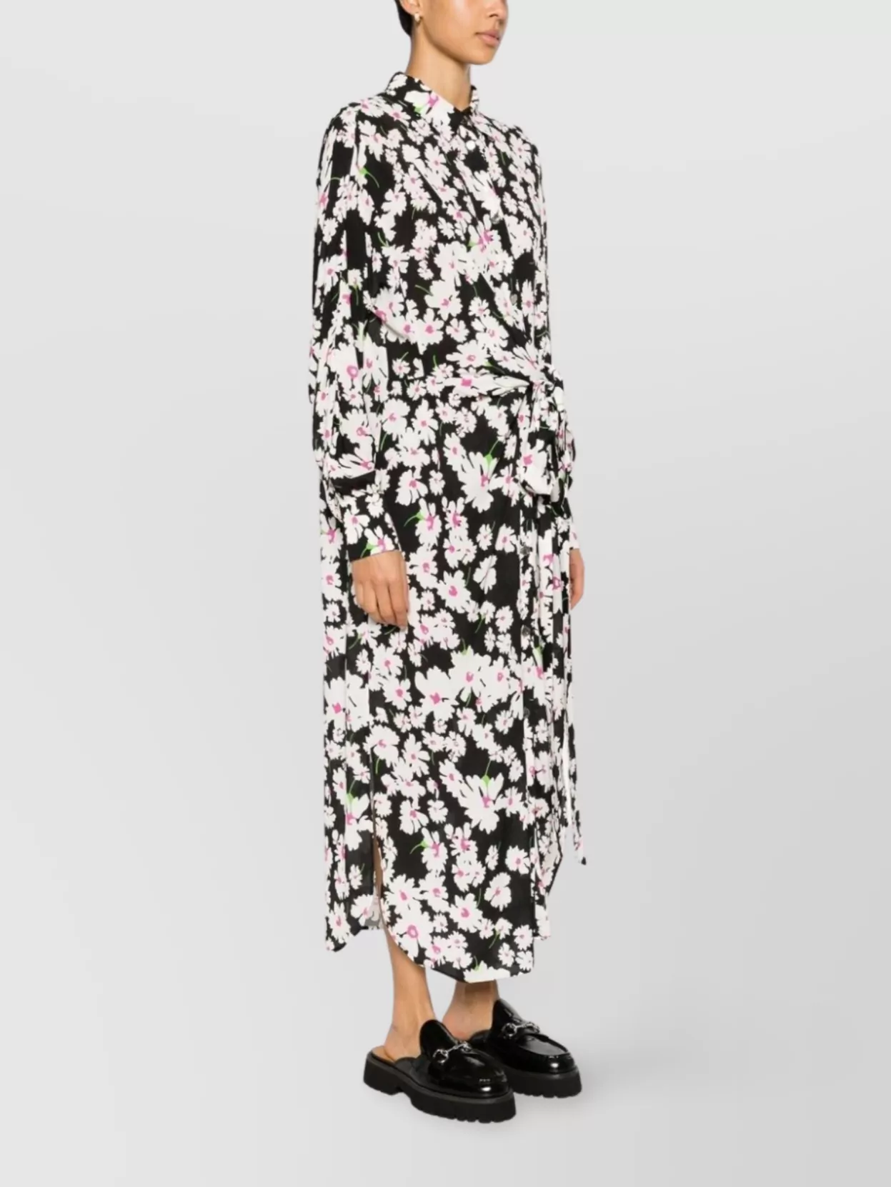 Msgm Floral Long Sleeve Dress With Waist Tie