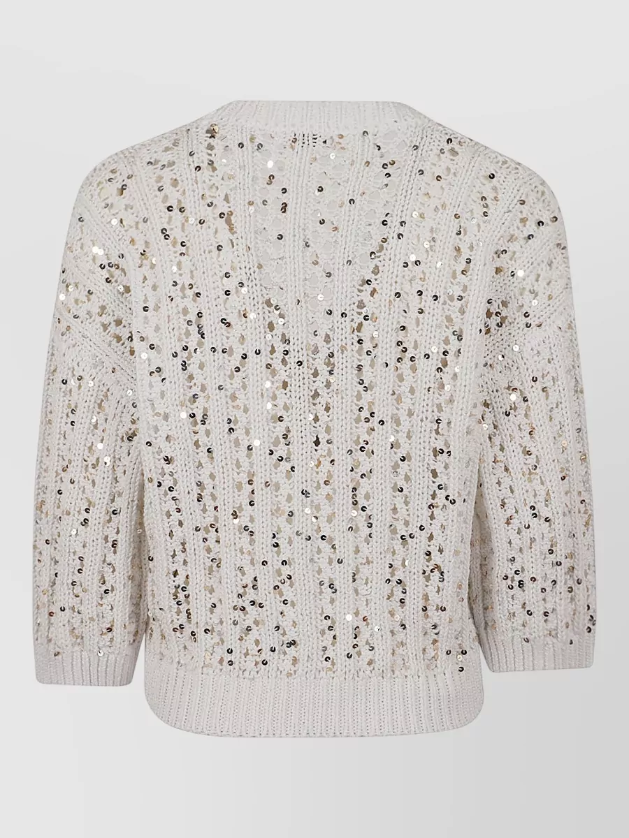 Peserico Sequined Openwork Cotton V-Neck Cardigan