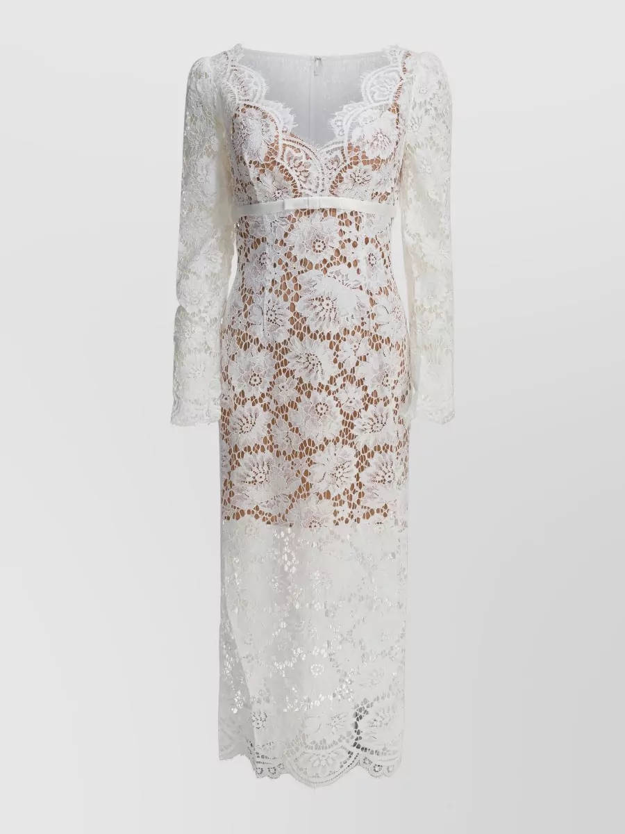 Self-Portrait Floral Lace Long Sleeve V-Neck Midi Dress
