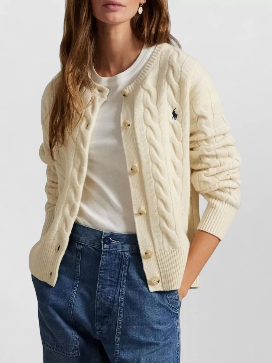 Ralph Lauren Cable Knit Logo Cardigan Front Buttons