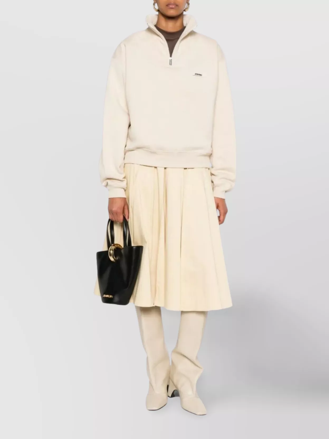 Jacquemus Cotton Fleece Sweatshirt With High Collar And Grosgrain Detail In Neutral
