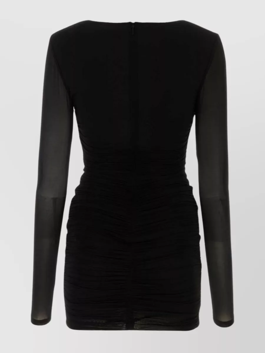 Shop Saint Laurent Fitted Mini Dress With V-neck And Ruched Sheer Sleeves In Black