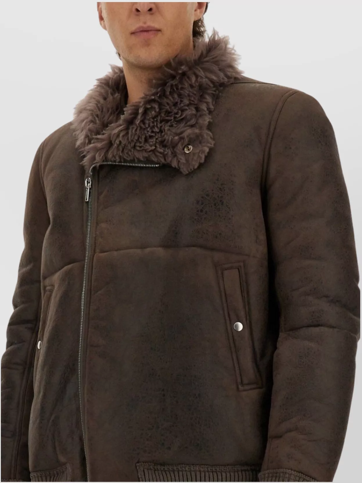 Rick Owens Shearling Collar Coat With Ribbed Cuffs And Hem