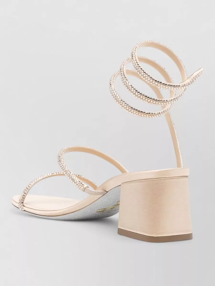 Rene Caovilla Satin Rhinestone-Embellished Spiral-Strap Block-Heel Sandals