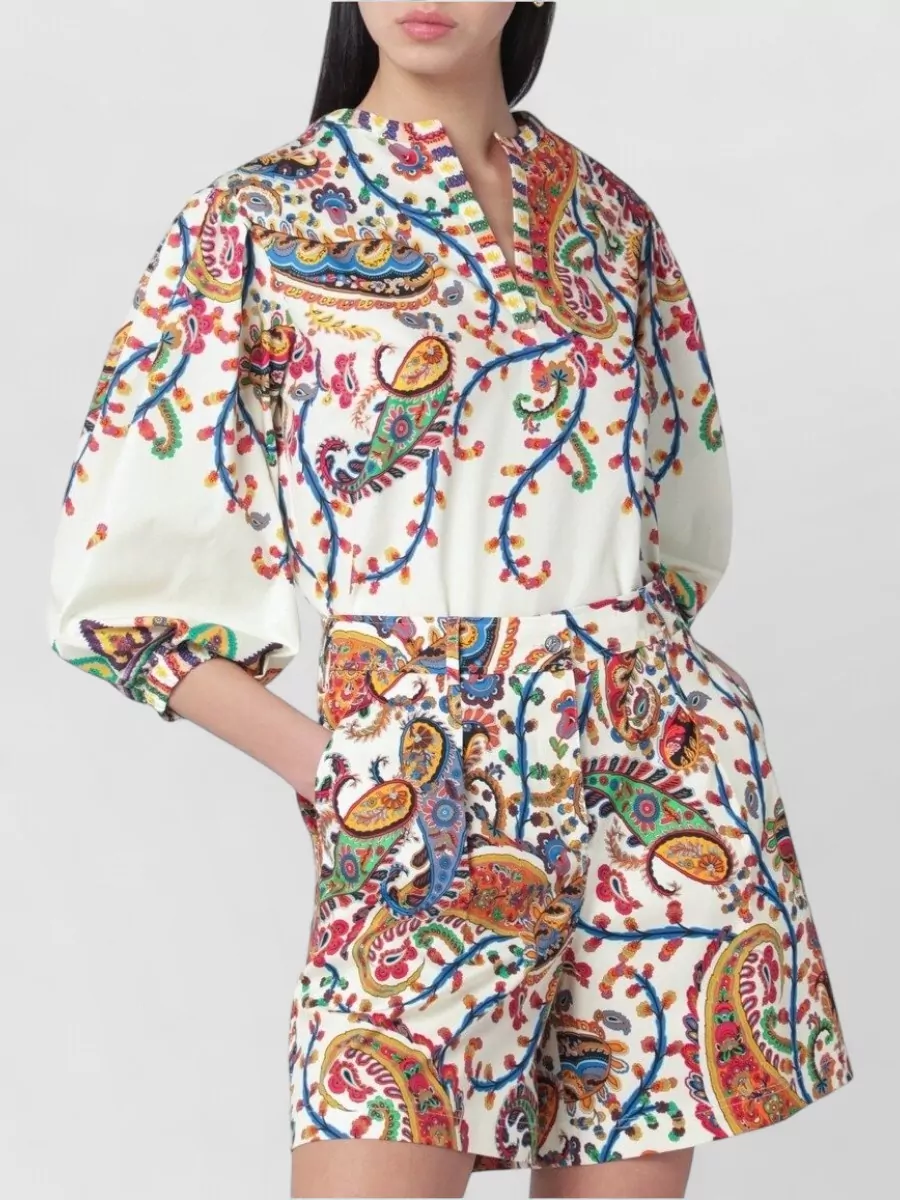 Etro cotton v-neck long-sleeve printed blouse