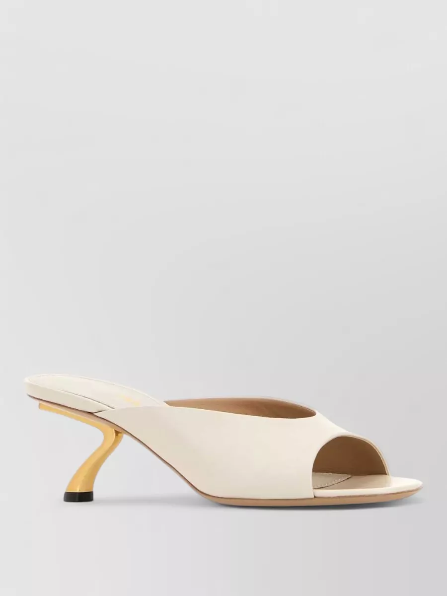 Ferragamo Igea Leather Mules Peep Toe Sculptural Heel In White