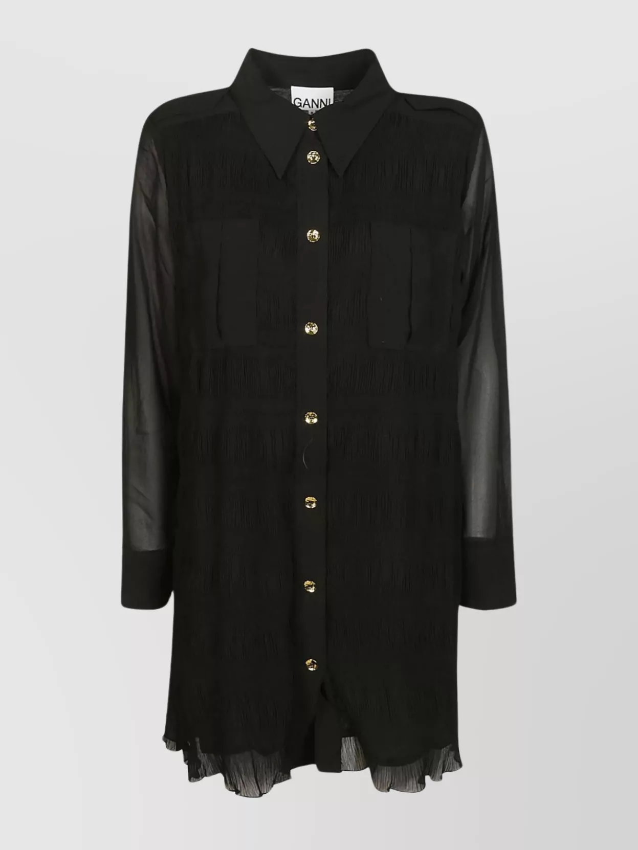 GANNI GEORGETTE SHIRT COLLAR DRESS WITH CONTRAST TEXTURE SLEEVES