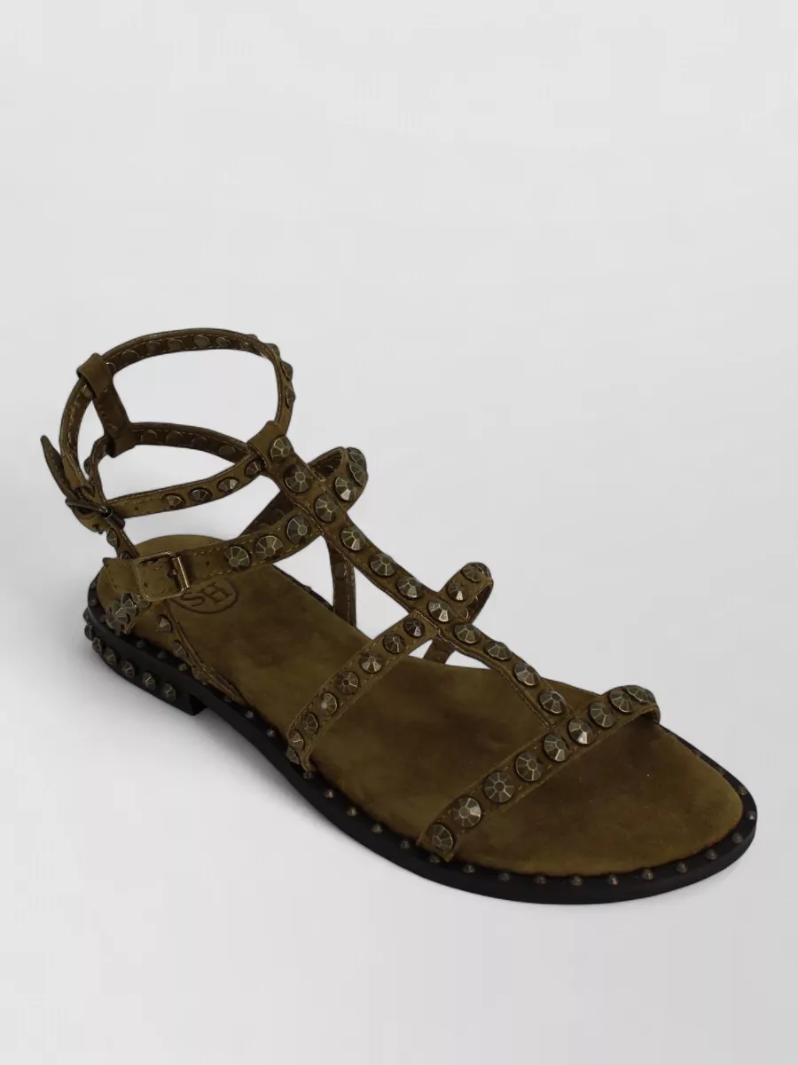 Ash Studded Leather Ankle Strap Flat Sandals In Brown