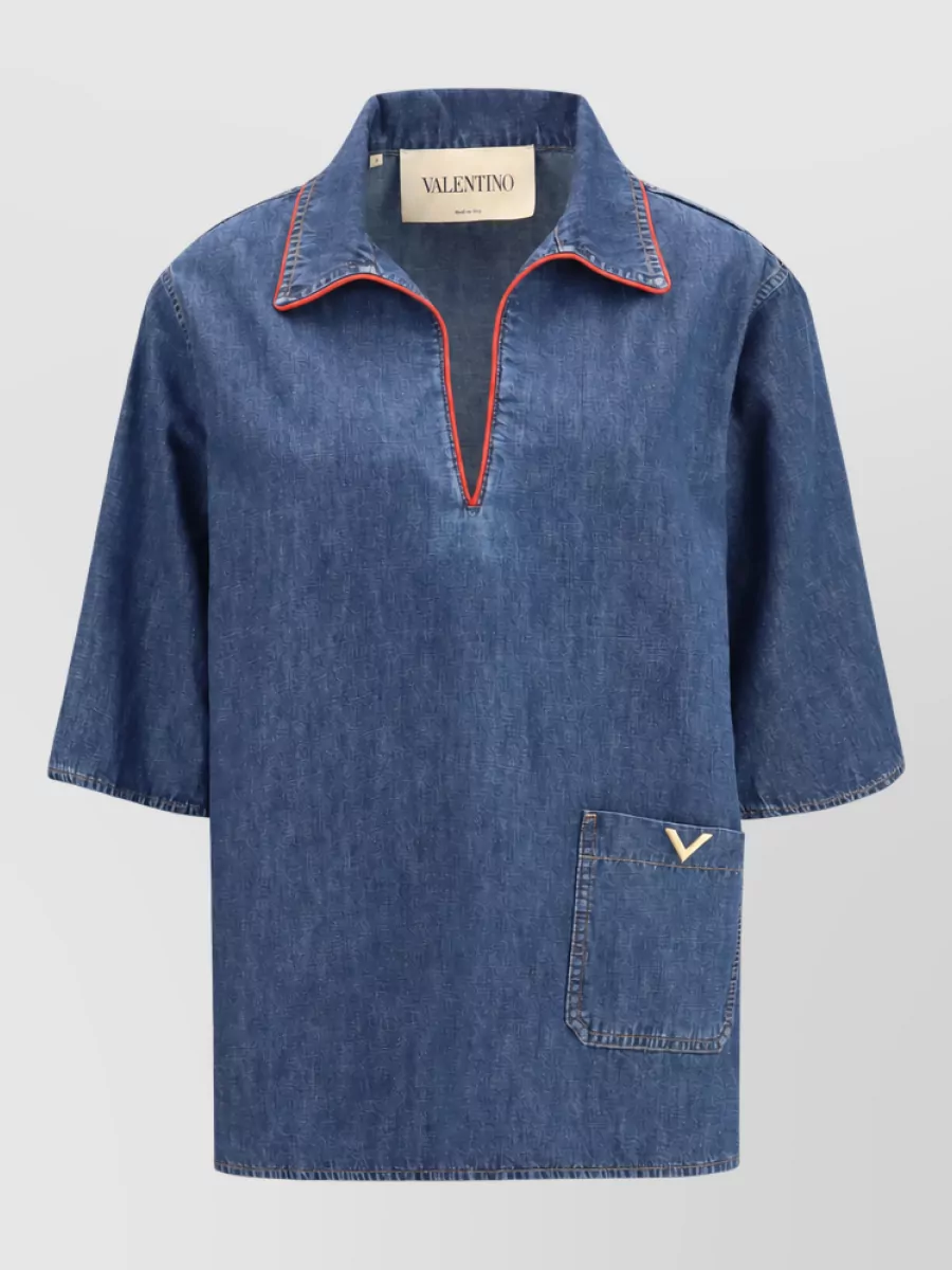 Valentino denim v-neck short-sleeve shirt