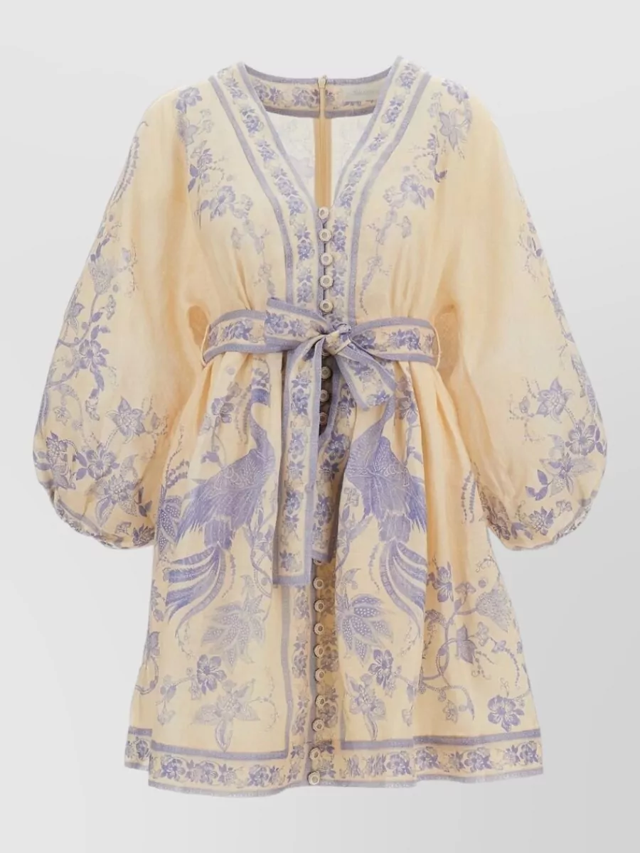 Zimmermann linen floral-print v-neck long-sleeve mini dress