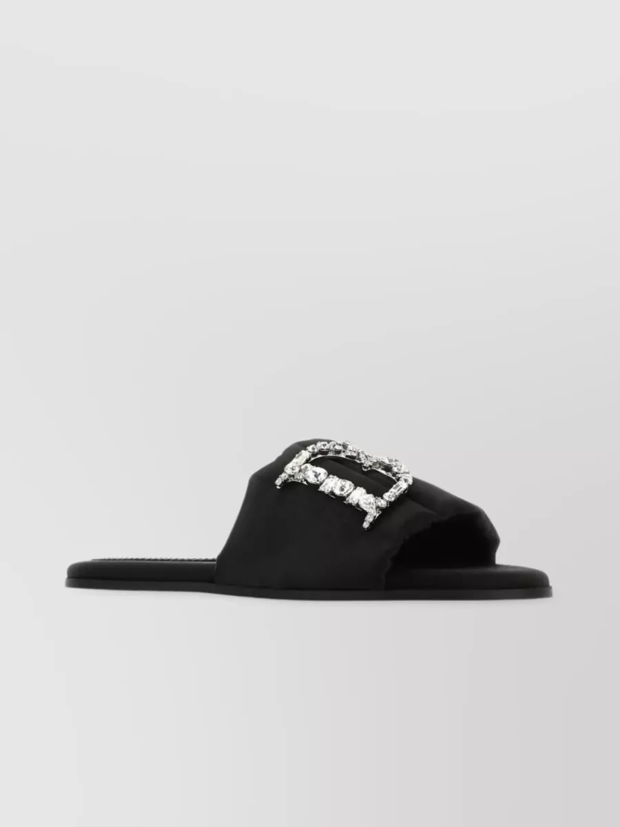 Shop Dsquared2 Satin Round Toe Slippers With Crystal Embellishment In Black