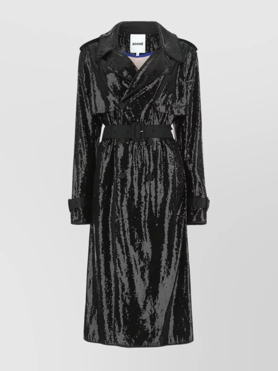 Shop Koché Sequined Belted Trench With Long Sleeves In Black