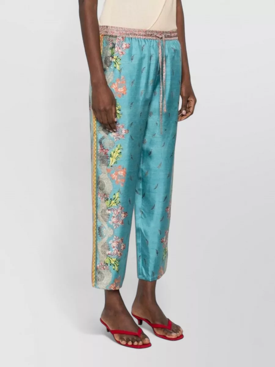 Pierre Louise Mascia Silk Trousers Cropped Floral Print Stripes