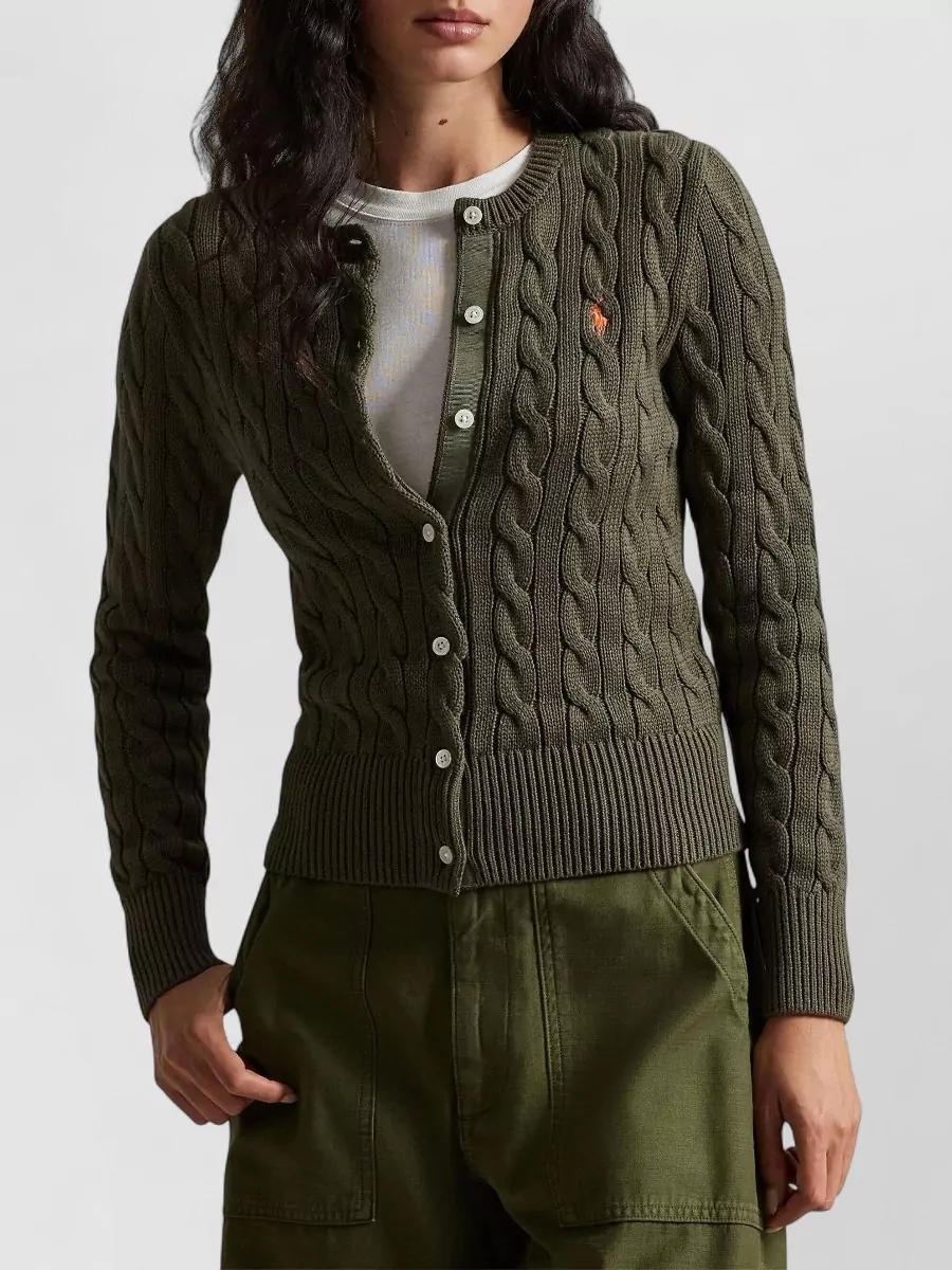 Polo Ralph Lauren Cable Knit Fitted Cardigan With Crew Neck