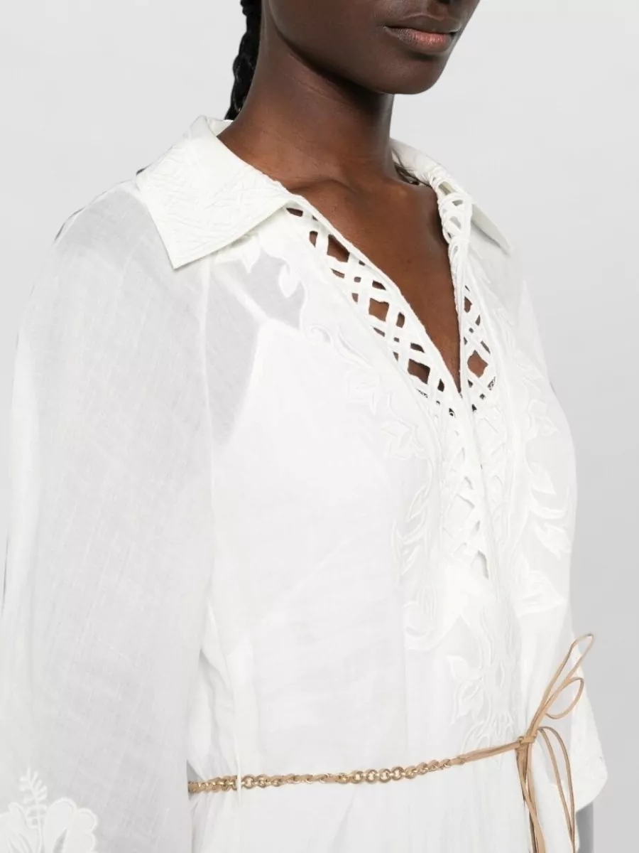 Zimmermann Embroidered Lace-Trim V-Neck Three-Quarter Sleeve Maxi Beach Cover-Up