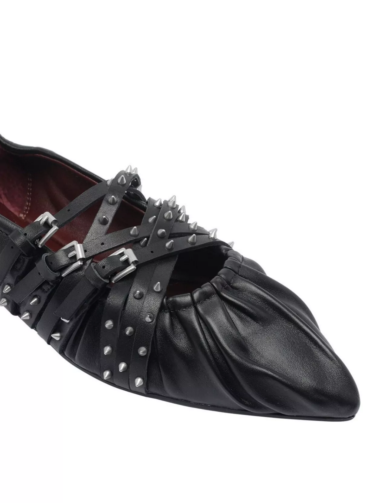 Ash Pointed Toe Leather Ballerina Shoes With Buckles And Studs