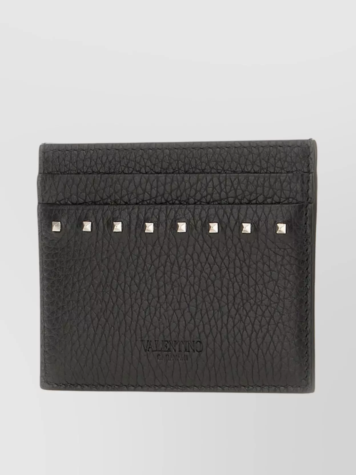 Valentino Garavani Leather Card Holder With Textured Finish And Studded Design