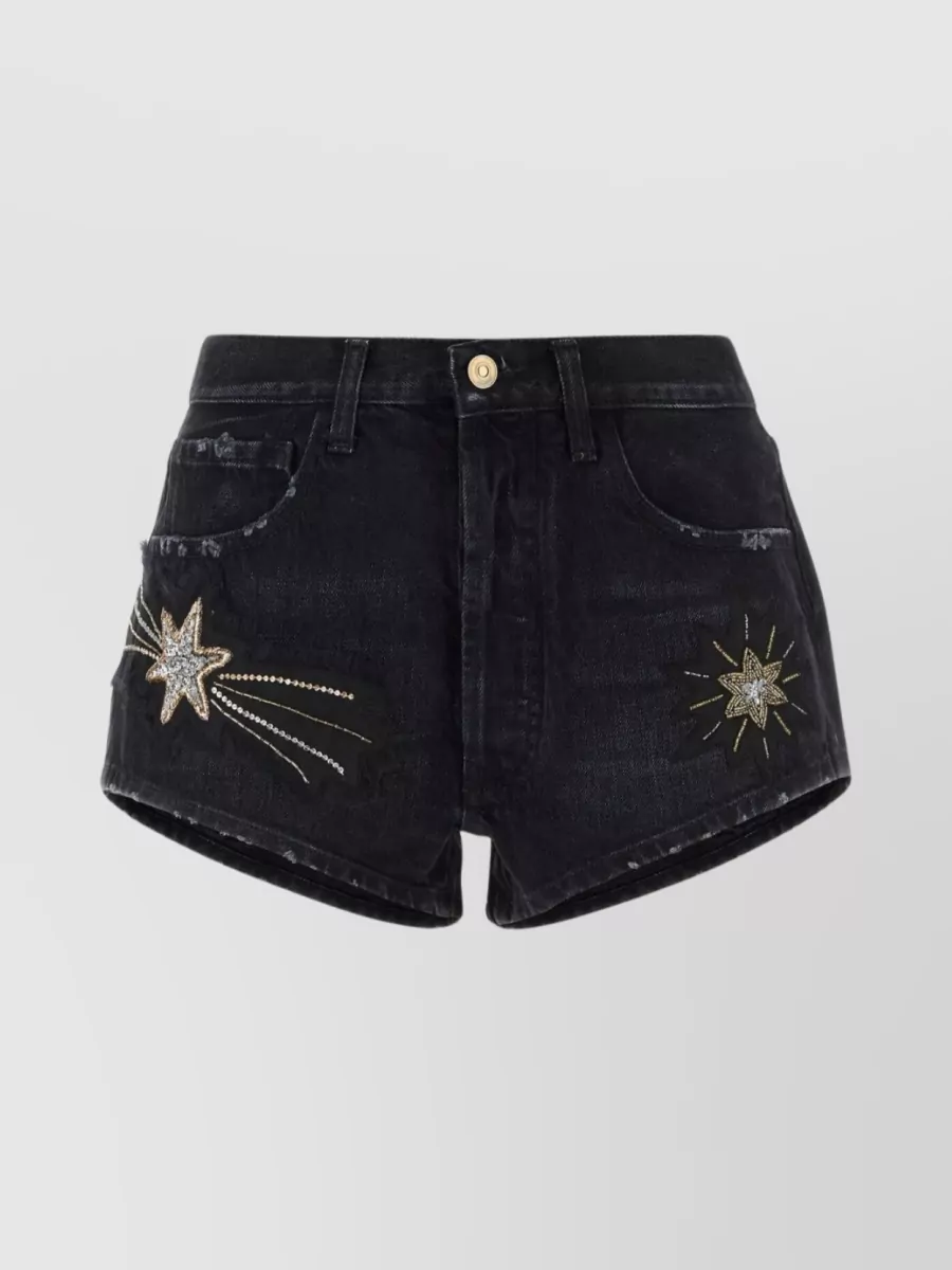 Shop Alanui Denim Shorts With Distressed Trimmings And Embroidered Detailing In Black
