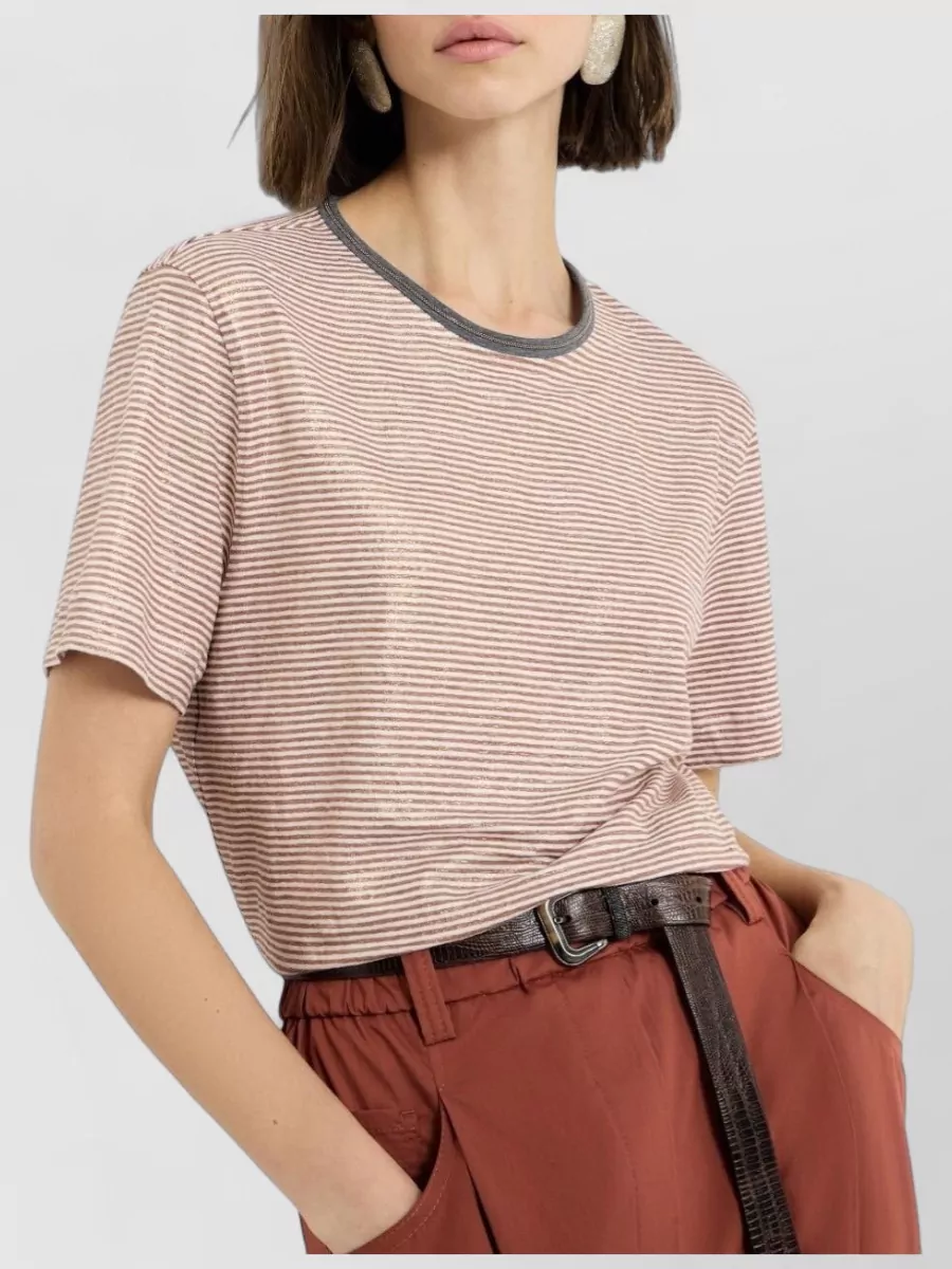 Brunello Cucinelli Striped Linen Crew Neck Short-Sleeve T-Shirt