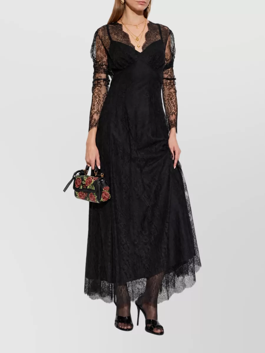 Dolce&Gabbana Chantilly Lace V-Neck Long-Sleeve Maxi Dress