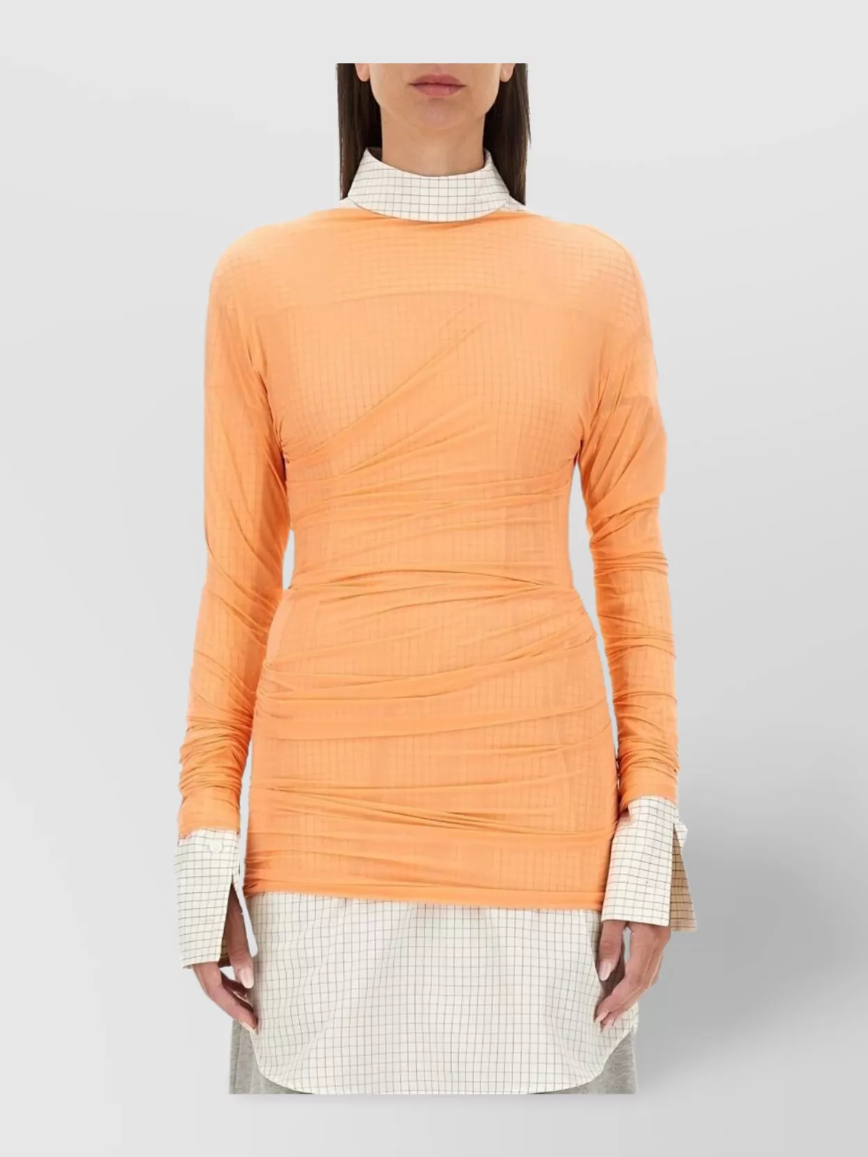 Dries Van Noten Checkered High Neck Long Sleeve Top In Orange