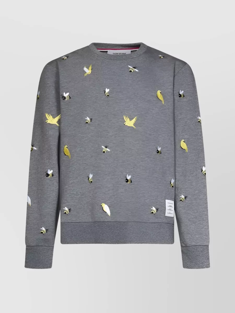 Shop Thom Browne Nature-inspired Embroidered Cotton Sweatshirt In Grey