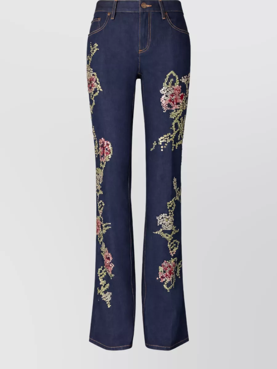 Tory Burch embroidered crystal-embellished denim straight-leg jeans
