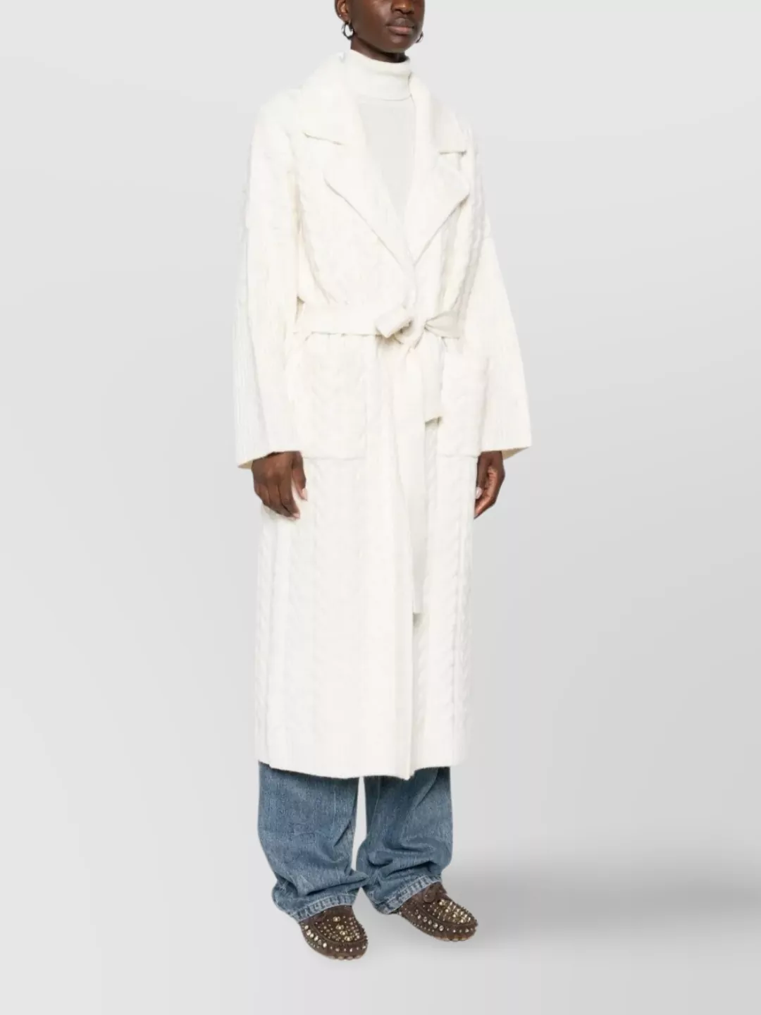 Ermanno Firenze Belted Cable Knit Coat With Shawl Collar