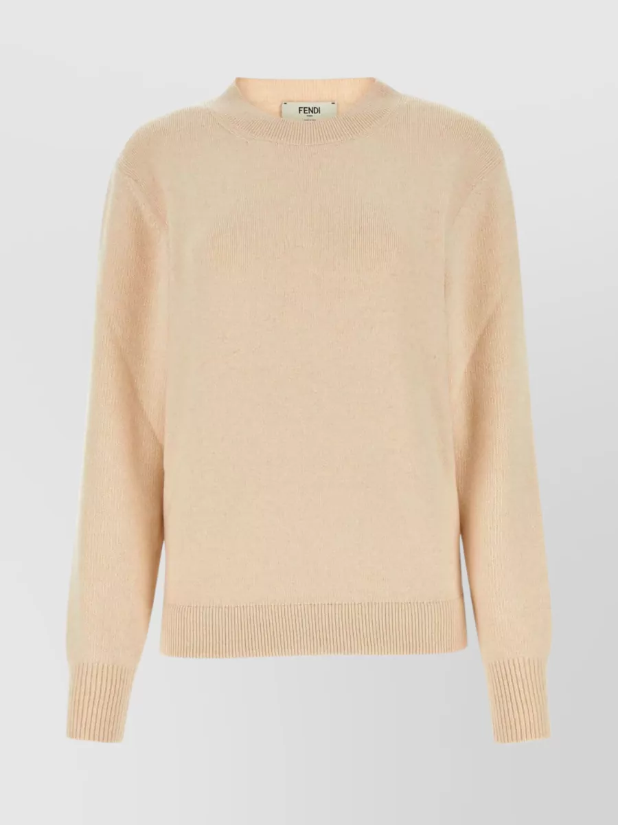 Shop Fendi Wool Blend Crew-neck Sweater With Long Sleeves In Cream