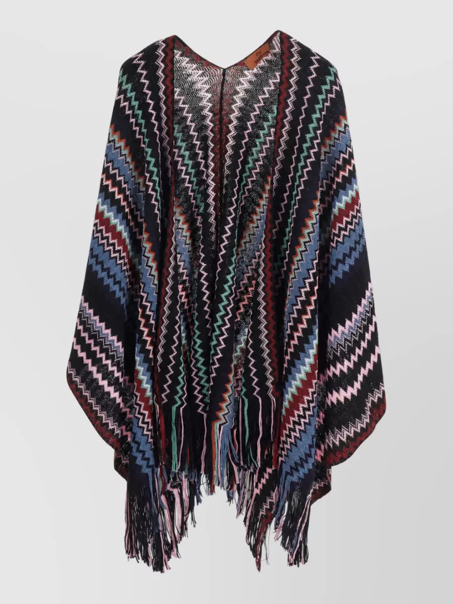 Missoni zigzag knit fringe draped v-neck poncho