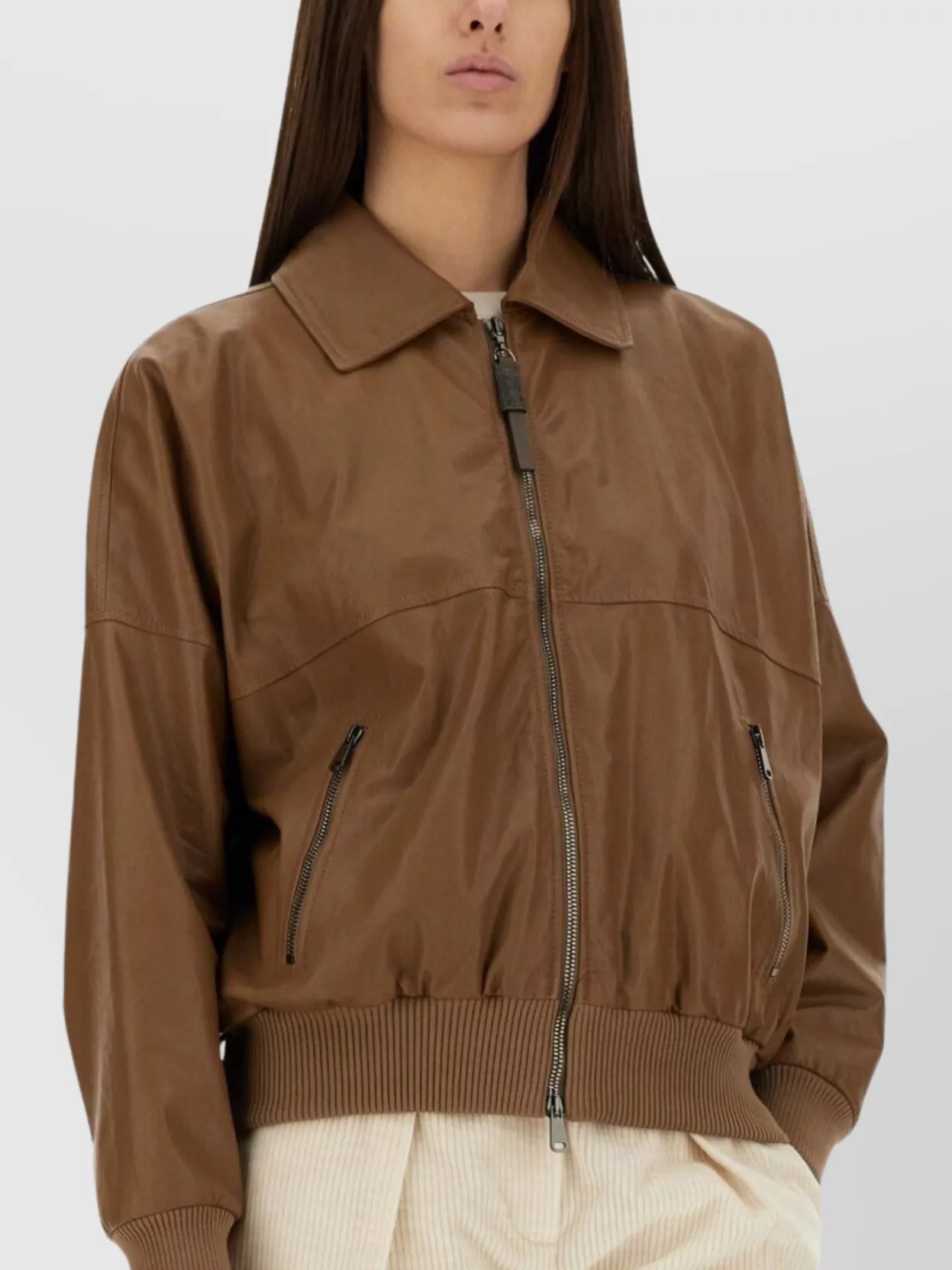 Brunello Cucinelli Collared Neck Leather Jacket With Ribbed Cuffs