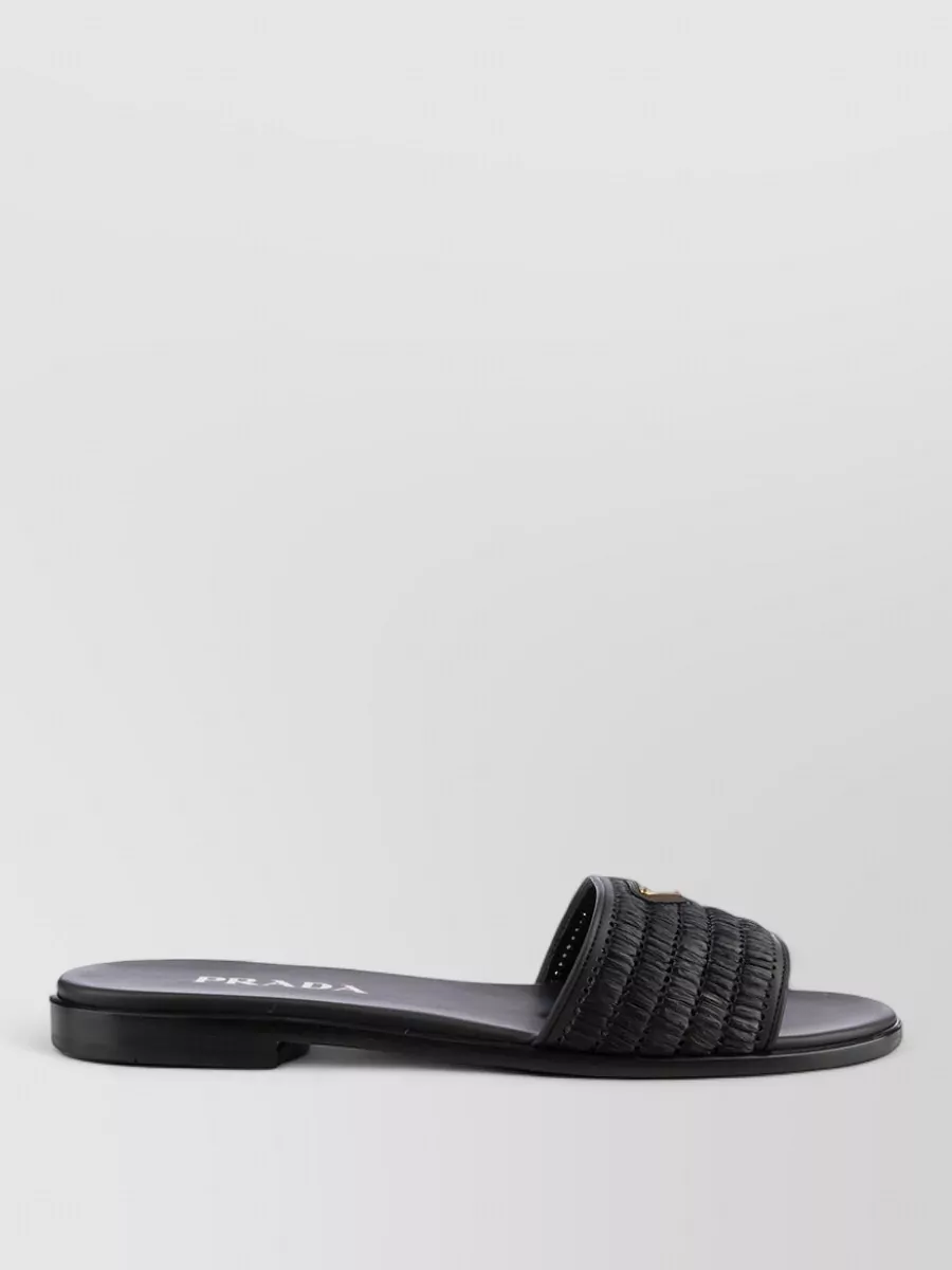 Prada Black Sandals With Woven Strap And Logo Accents