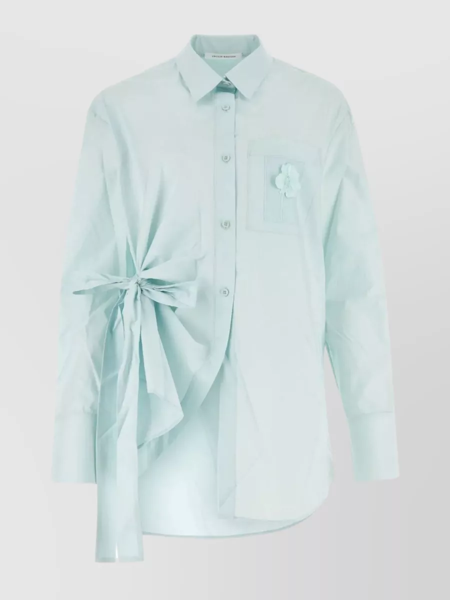 Shop Cecilie Bahnsen Cotton Shirt With Flounces And Floral Patch In Blue