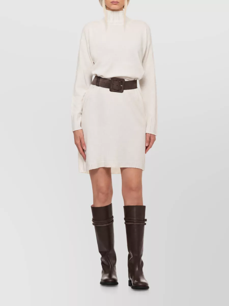 Fabiana Filippi Wool Silk Cashmere Ribbed Turtleneck Knee-Length Knitted Dress