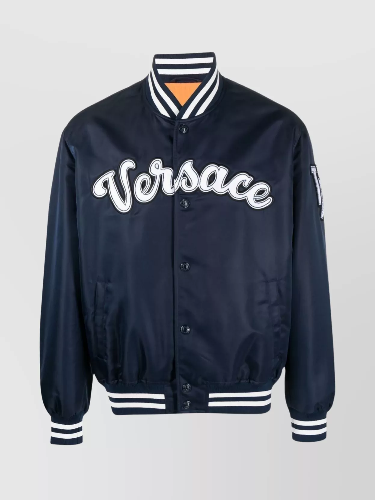 Shop Versace Logo Patch Baseball Collar Jacket In Blue