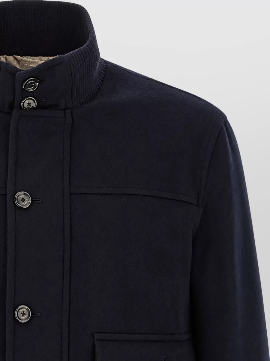 Lardini Cashmere Wool Ribbed High Neck Single Breasted Coat
