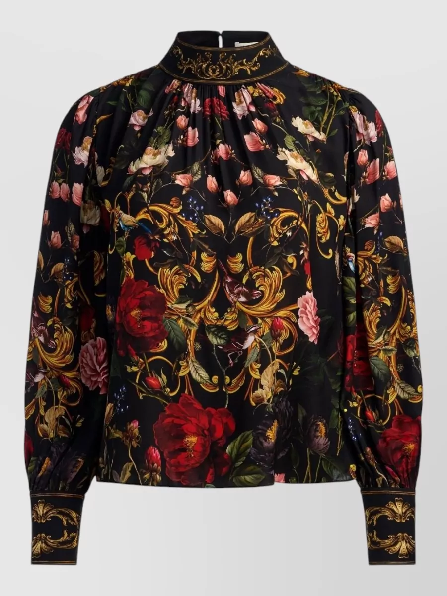 Alice + Olivia Floral-Print Mock-Neck Gathered Long-Sleeve Blouse