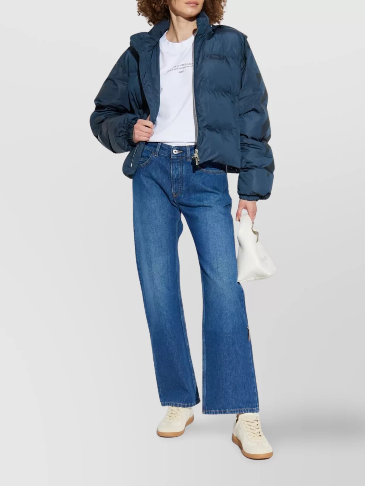 Off-white Cropped Hooded Puffer Jacket With High Collar In Blue