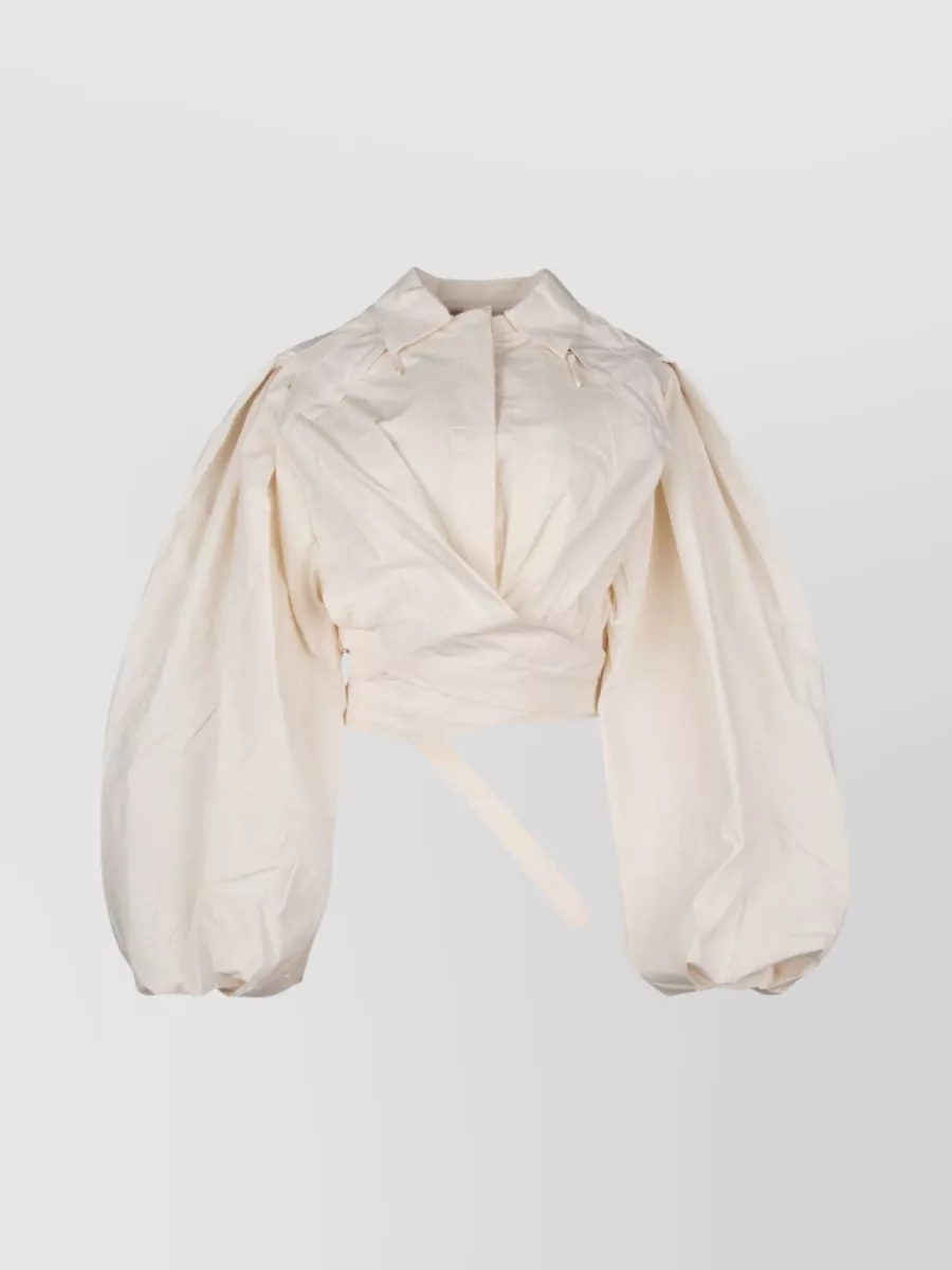 Shop Jacquemus Wrap Style Cropped Top With Puffed Sleeves In Cream