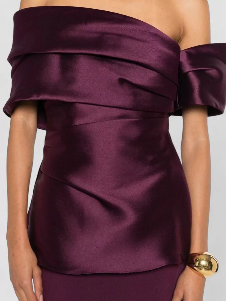 Solace London Satin Off-Shoulder Draped Maxi Dress