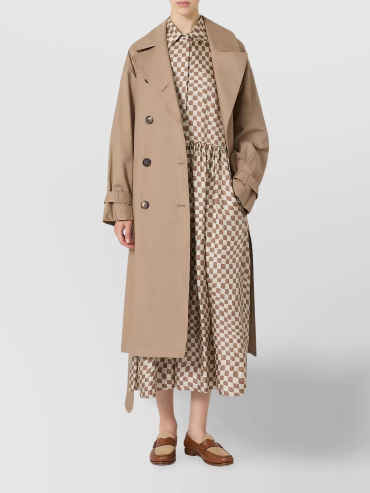 Max Mara Long Trench Coat In Water-repellent Cotton Twill In Brown