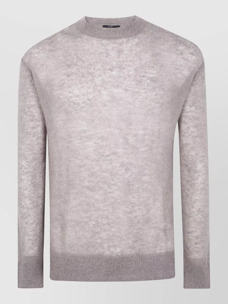 Emporio Armani Crew-neck jumper — The soft heather grey crew balances the navy double-breasted coat with quiet contrast and office-ready polish while keeping the silhouette lean and minimal.