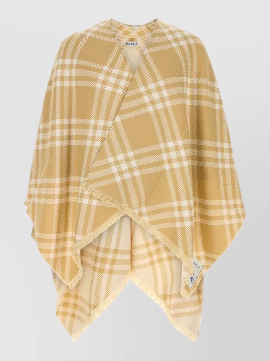 Burberry Wool Blend Cape Draped Silhouette Fringe In Neutral