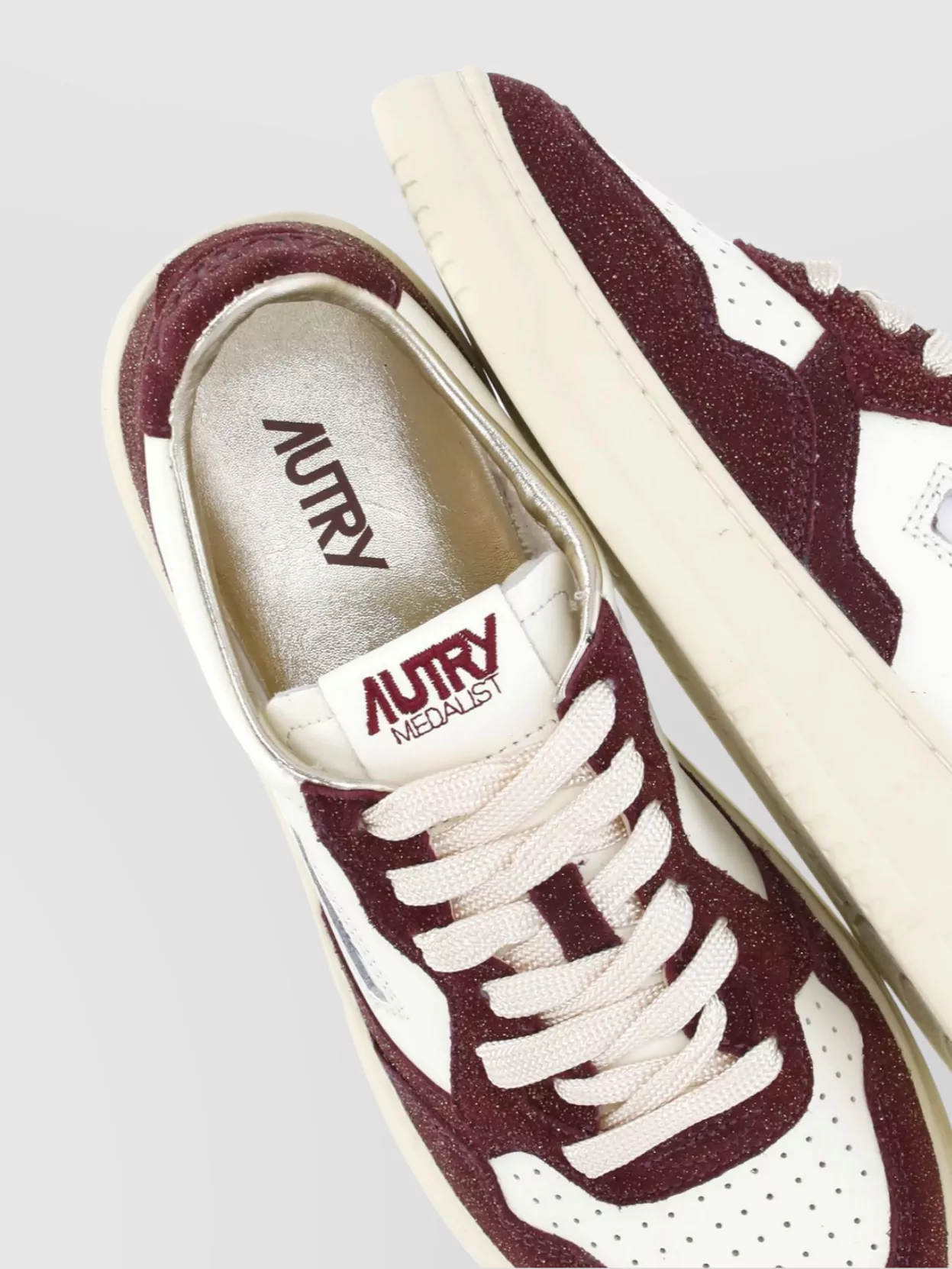 Autry Sneakers Medalist Low In Avory And Burgundy Glittered Leather. In Brown